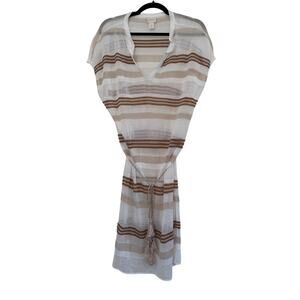 Chicos Crochet Striped Sheer Belted Mini Dress Coverup Womens 2 Boho Chic Beach